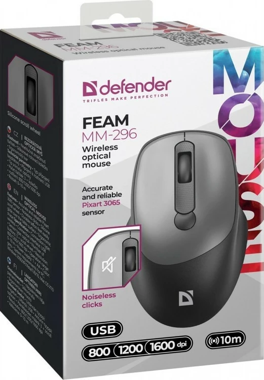 Brezžična miška, 1600 DPI, siva Defender Feam MM-296 RF