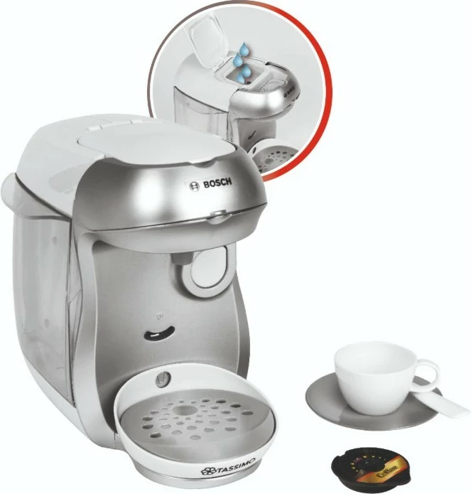 Igrača kavni aparat Bosch Tassimo 9231, s zvočnimi in tekočimi učinki, s skodelico, krožnikom, žličko in 2 kapsulama, srebrn