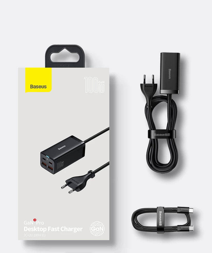 Univerzalni polnilec Baseus GaN3 Pro, 100 W, 2x USB-C, 2x USB-A, črn