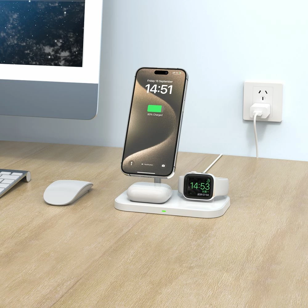 Indukcijski 3-v-1 polnilec z MagSafe za pametni telefon, Apple Watch in AirPods, Tech-Protect QI15W-A22, bel