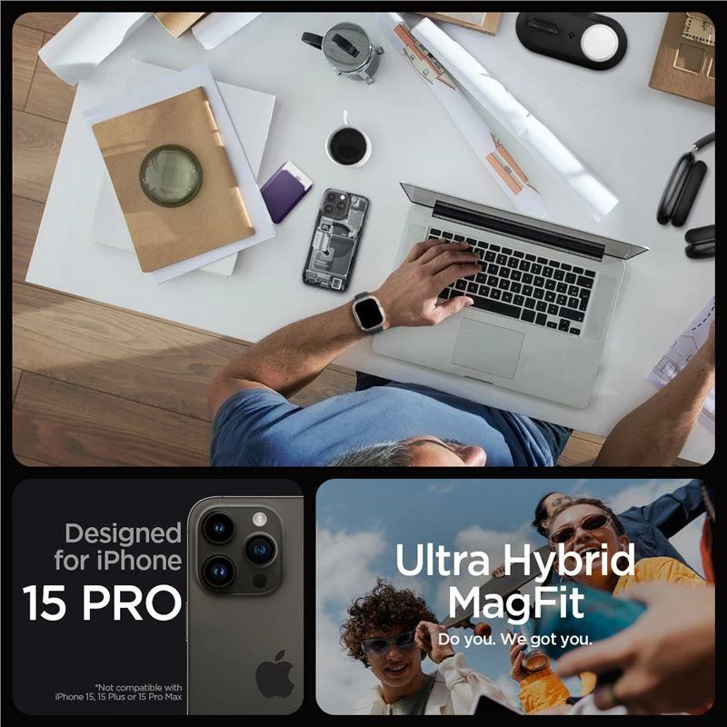 Prozoren zaščitni ovoj z magnetom Spigen Ultra Hybrid Mag za iPhone 15 Pro, MagSafe, Zero One, prozorno/siv