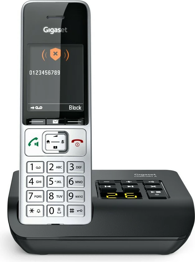 Fiksni telefon Gigaset COMFORT 500A, analogni/DECT, z avtomatskim snemalnikom, barvni zaslon, 200 stikov, črn/srebrn