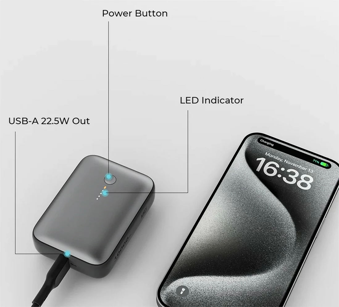 Power bank AUKEY PB-Y55, 10000 mAh, 22,5 W, 2x USB, siv