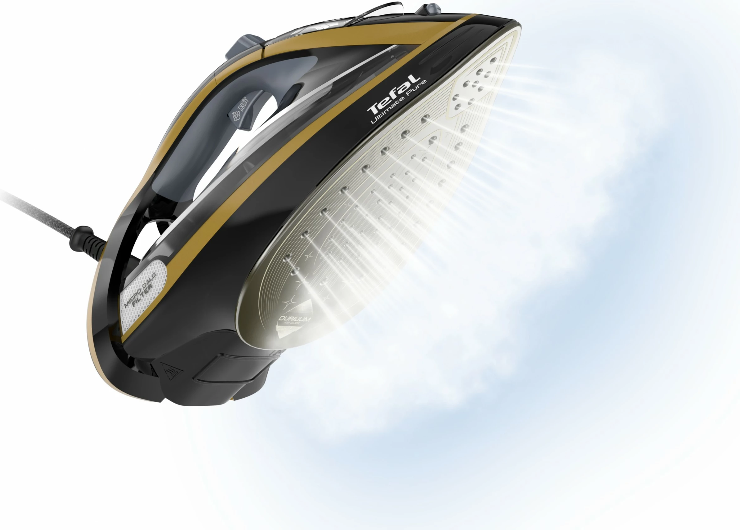 Parni likalnik Tefal Ultimate Pure FV9847E0, 3200 W, Durilium Airglide, 0,35 L, črno-zlat