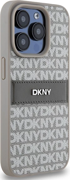 Ovitek za iPhone 15 Pro, DKNY Mono Stripe & metalni logotip, bež