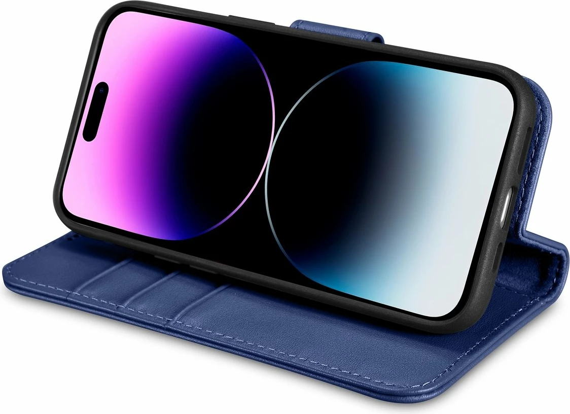 Ovitek za telefon 2-v-1 z denarnico, naravno usnje, Anti-RFID, modra, iCarer Wallet Case za iPhone 14 Pro