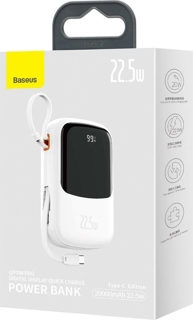 Powerbank 20000mAh, 22,5W, z vgrajenim kablom USB-C, Baseus Qpow, bel