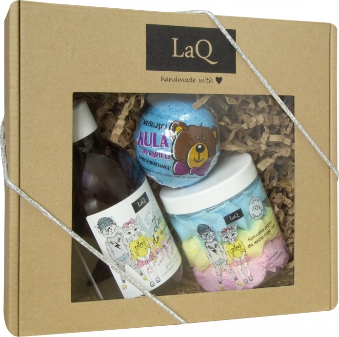 Set kozmetike za otroke Bubble Gum, gel za telo in roke 300 ml, pena za kopel 250 ml, kopalna bomba z modrim presenečenjem 120 g - LaQ