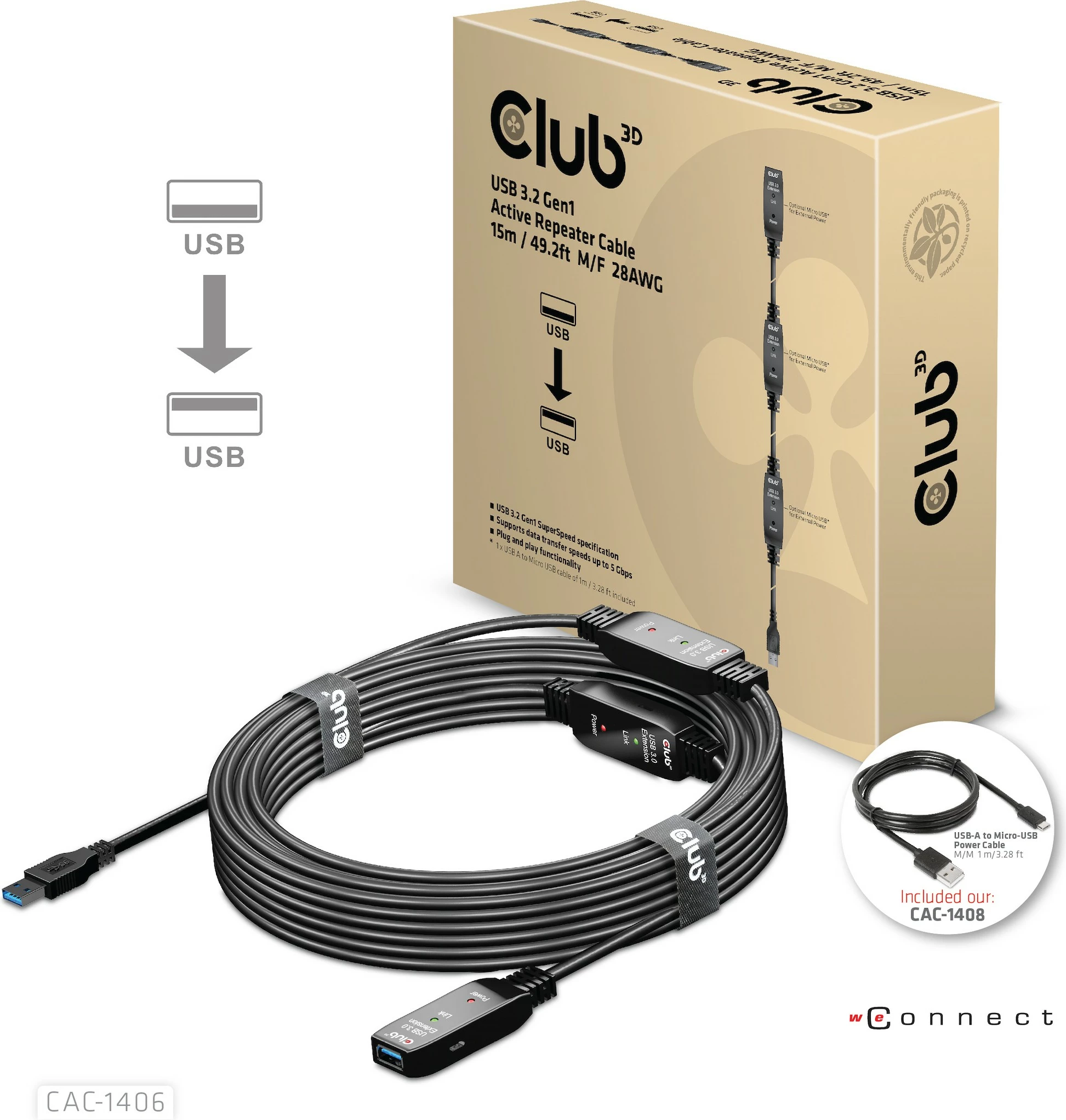 Podaljšek USB 15 m, USB 3.2 Club3D, črn