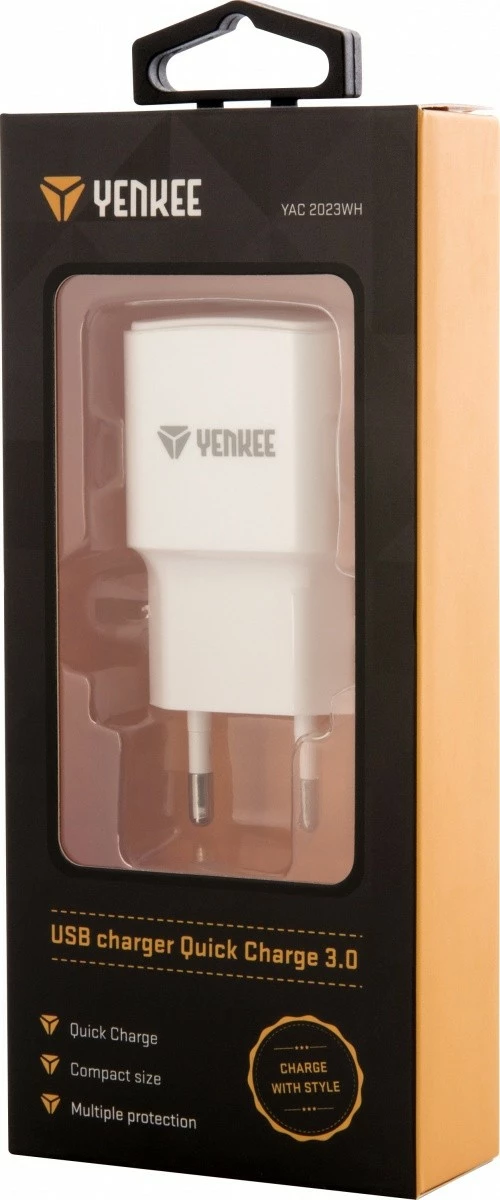 Hitri polnilec za vtičnico YENKEE YAC 2023WH, USB A, 18W, Quick Charge 3.0, bel