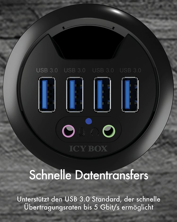 USB hub, 4 porta USB 3.0, audio in/out, plastika, črn - ICY BOX IB-HUB1403A