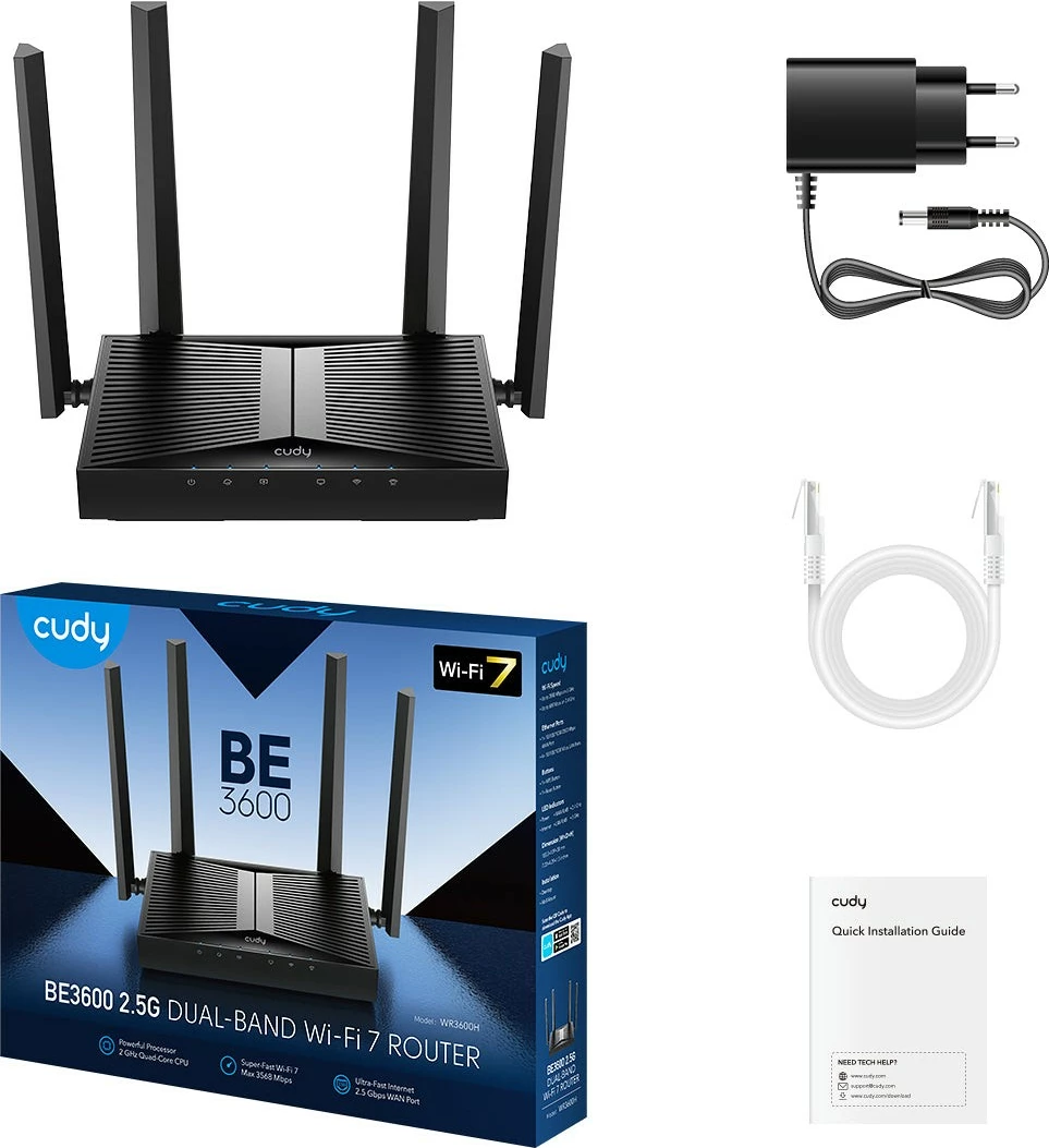 Mesh usmerjevalnik Cudy BE3600, Wi‑Fi 7, 2.5G, 4 antene, črn