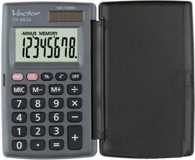 Kompakten žepni kalkulator s pokrovom Vector KAV CH-862D, siv