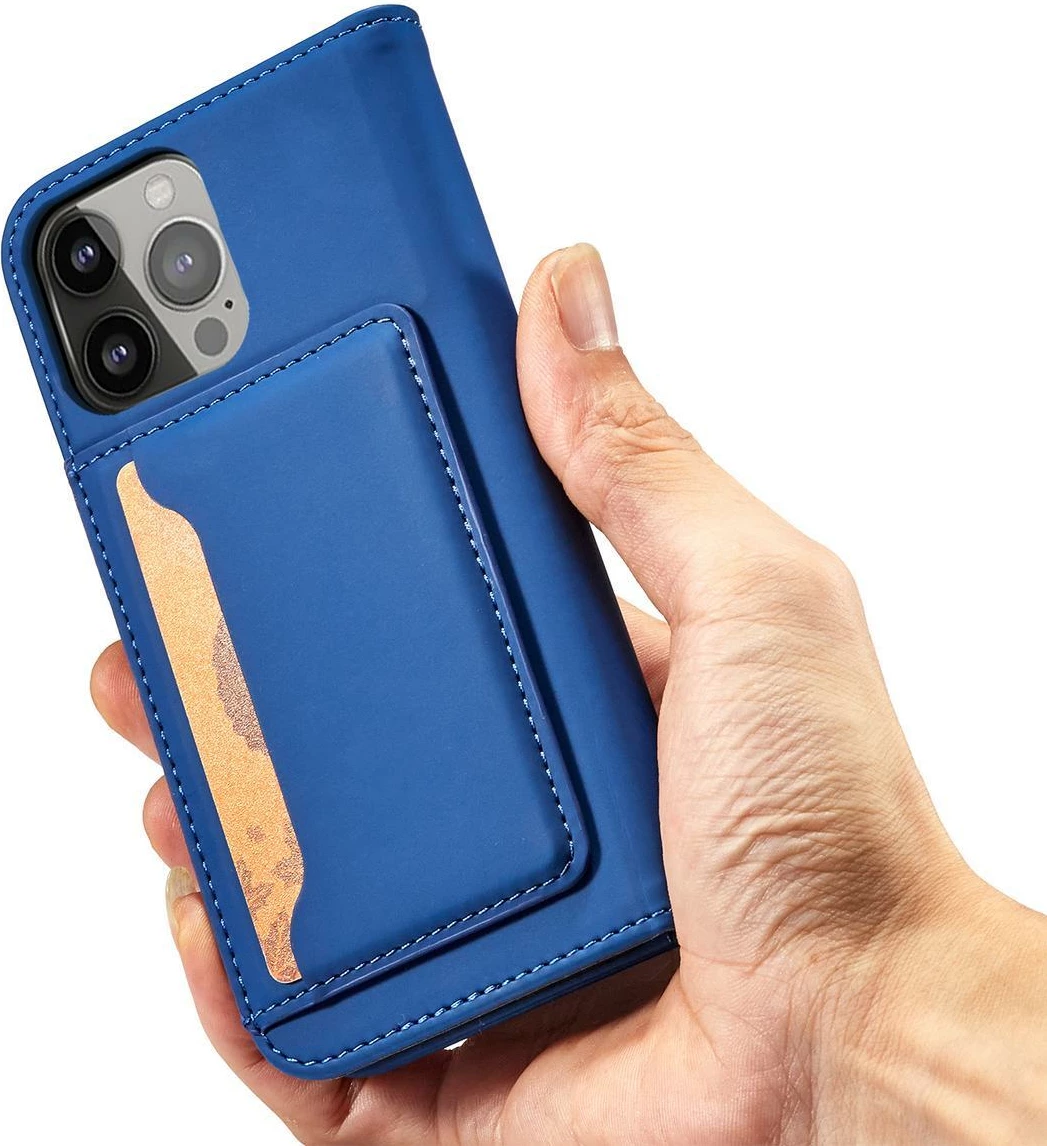Ovitek za telefon Hurtel Magnet Card Case za iPhone 14, z ovitkom, žepi za kartice in držalom, moder