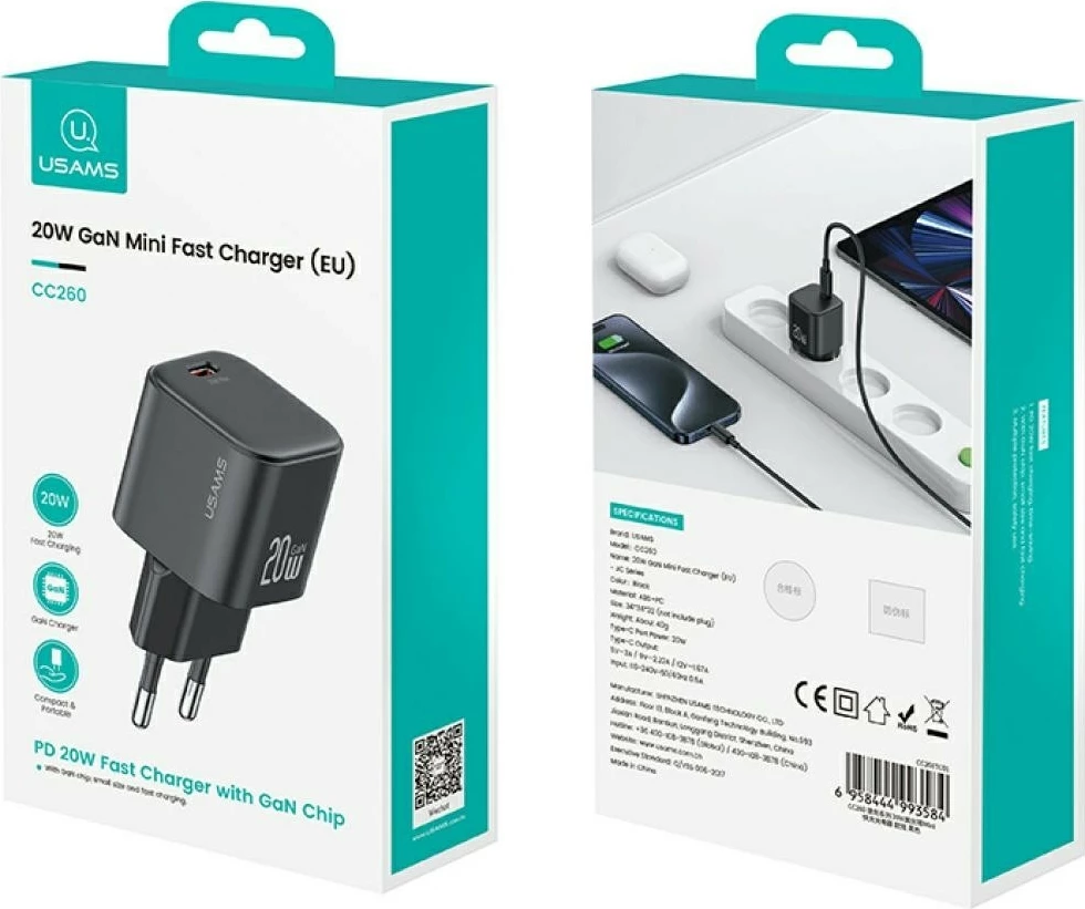 Hitri polnilec 20W, USAMS JO Series CC260, USB-C z 1 m kablom, bel