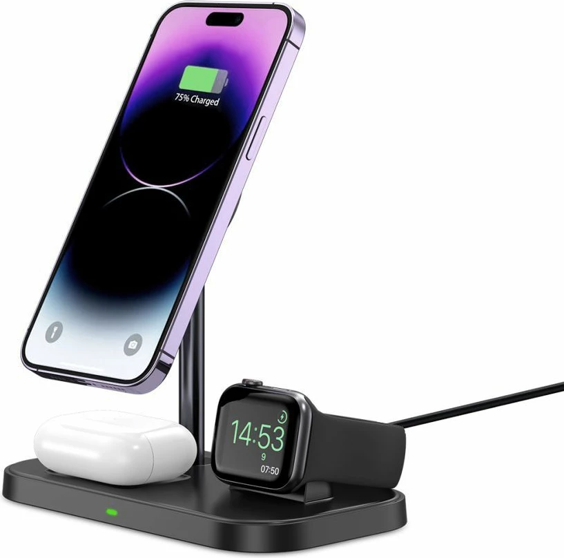 Indukcijski polnilnik 3-v-1 z MagSafe Tech-Protect QI15W-A22, za pametni telefon, Apple Watch in AirPods, črn