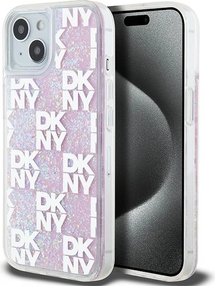 Ovitek za telefon z tekočimi bleščicami, DKNY Liquid Glitter Multilogo, za iPhone 15/14/13, roza