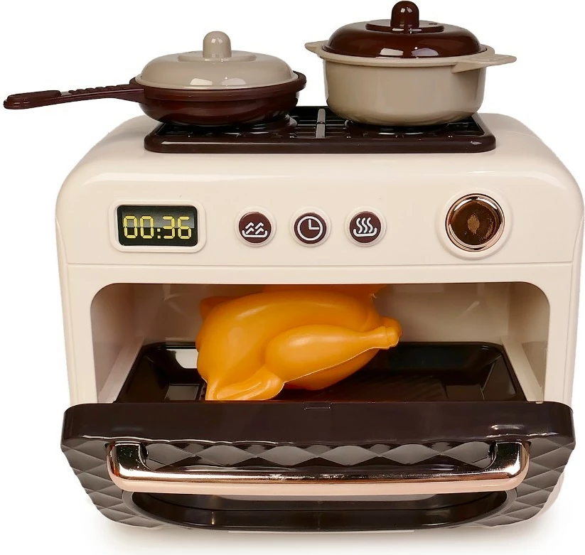 Igrača pečica z lučjo in melodijo, Artyk 180507, 12 cm, deluje na 2x AA (brez baterij), set ponev + lonec + čajnik, bež/rjava/krem