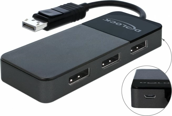 Razdelilec DisplayPort za tri monitorje DeLOCK 87737, 3x DisplayPort, 0,125 m, črn