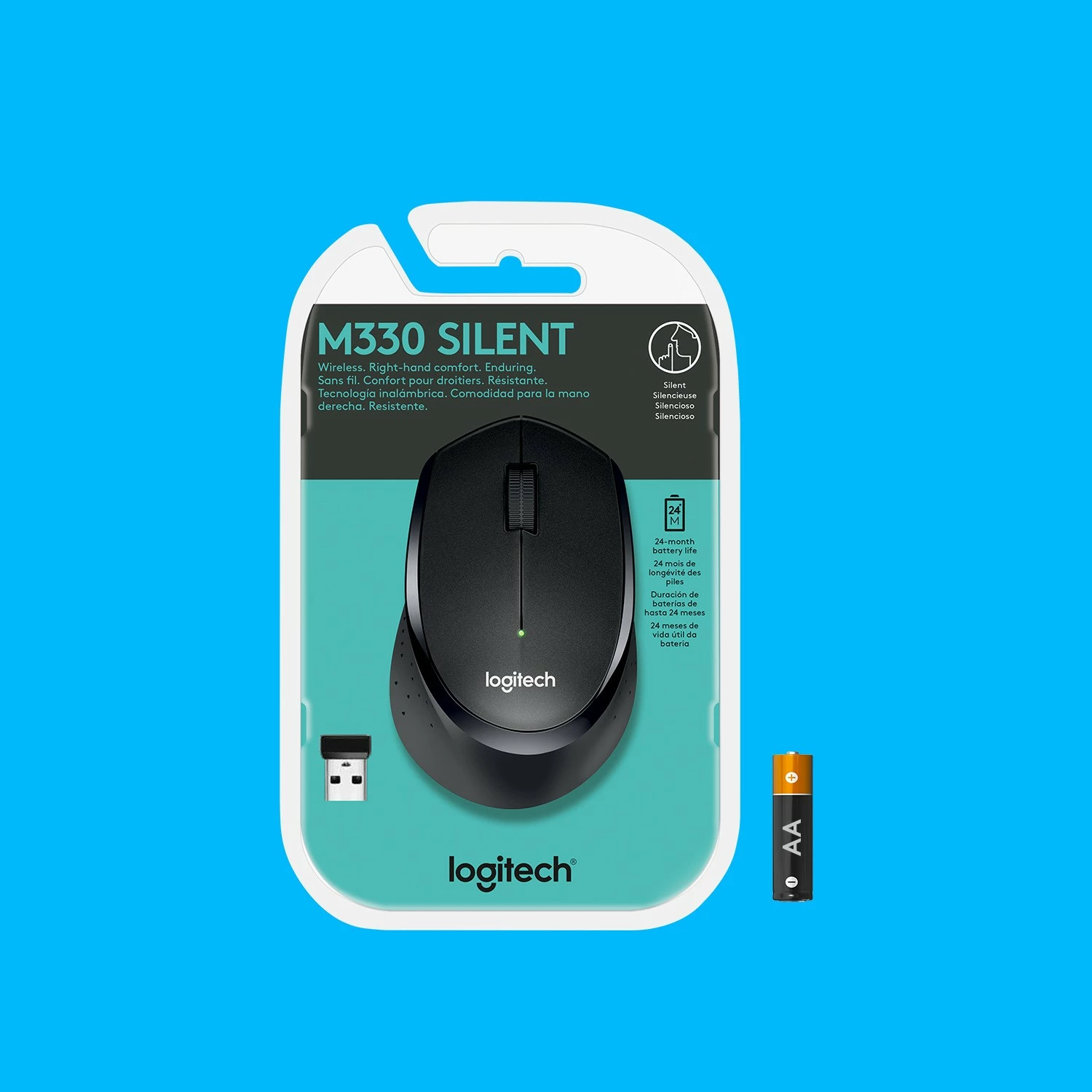 Brezžični tihi miš, Logitech M330 SILENT PLUS, desna, RF, 1000 DPI, črna