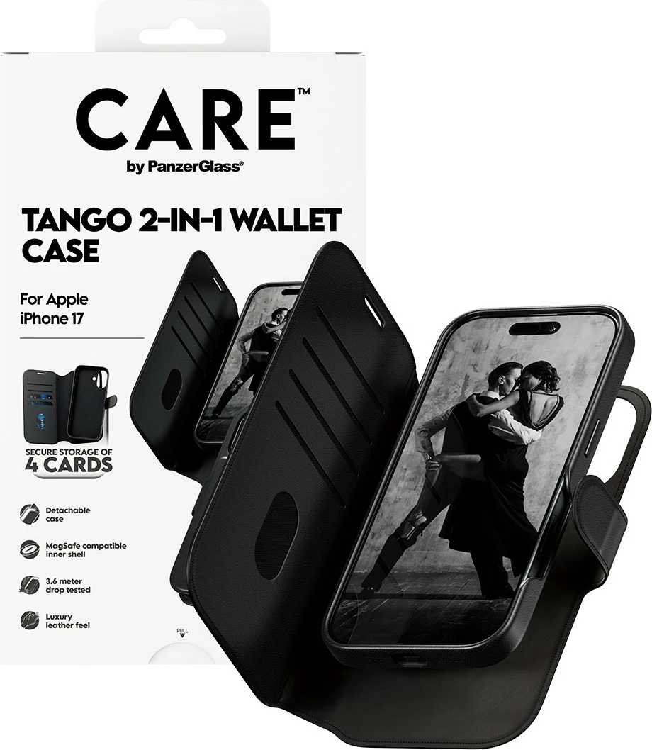 Ovitek z denarnico PanzerGlass CARE Feature Case Tango 2in1 Wallet MagSafe za iPhone 17, črn