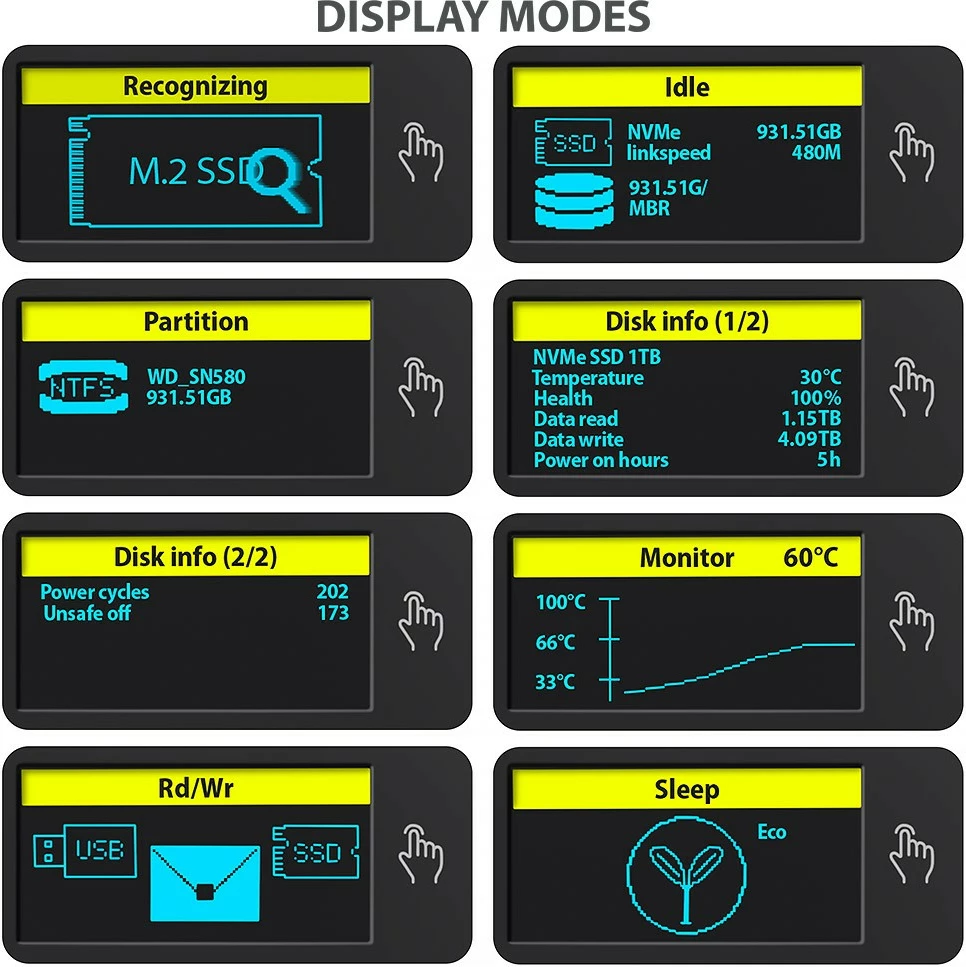 Zunanje računalniško ohišje za SSD AXAGON EEM2-SD2, M.2 NVMe/SATA, USB-A/C 3.2 Gen2, LCD zaslon, sivo