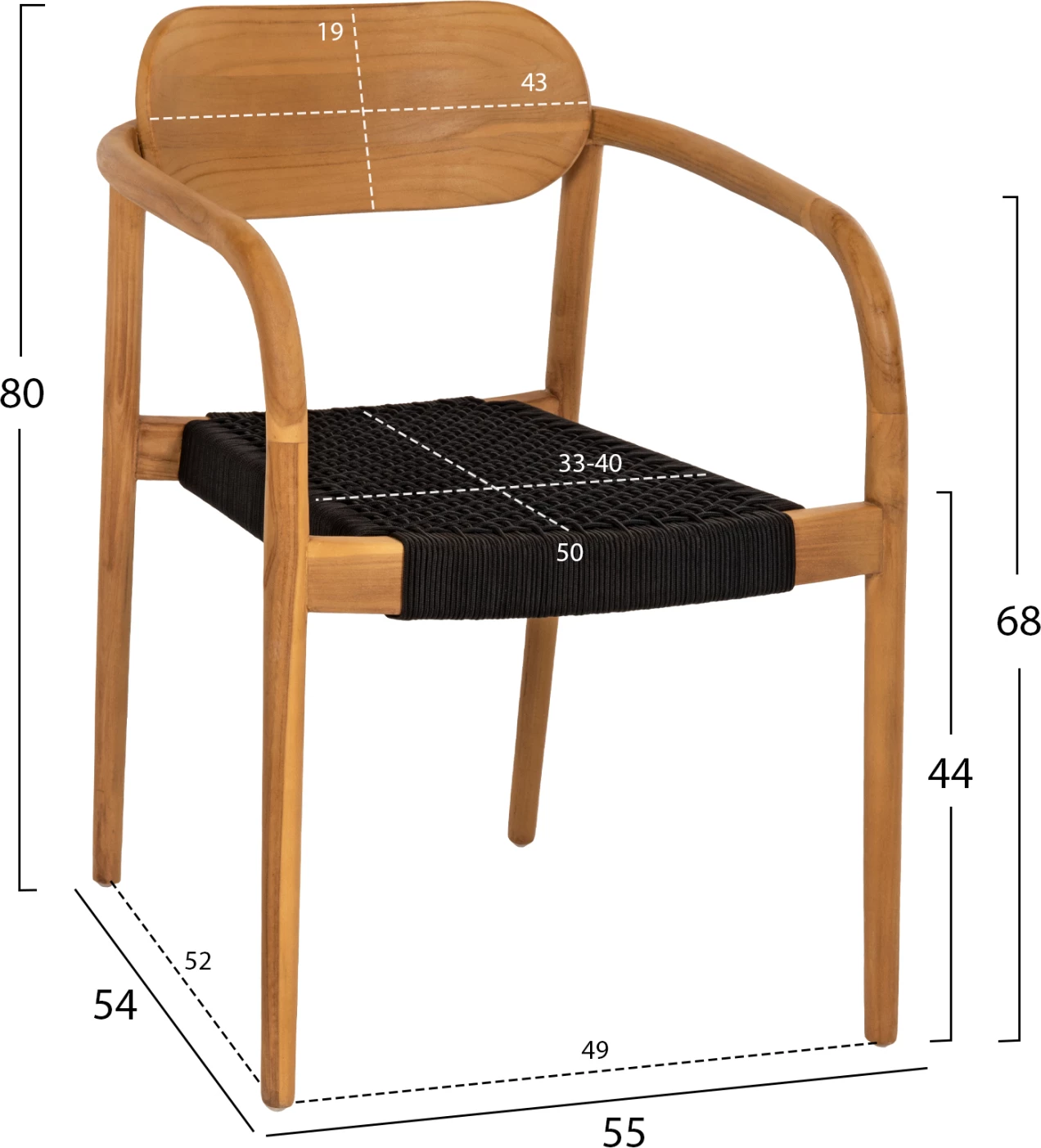Fotelj OSLO iz tikovine v naravni barvi in črni vrvi 55x54x80Hcm