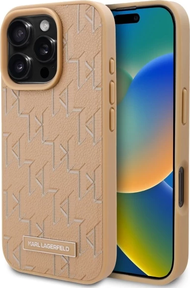 Ovitek za iPhone 16 Pro, usnjen, MagSafe, bež Karl Lagerfeld