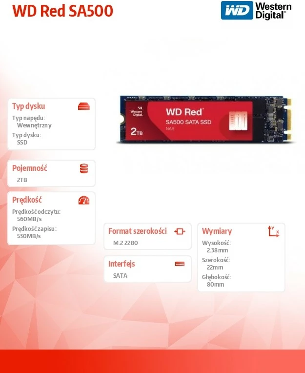 SSD za NAS 2TB M.2 2280 Western Digital WD Red SA500, rdeč