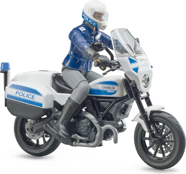 Policijski motor Scrambler Ducati z policistom, BRUDER, 1:16, bel/moder
