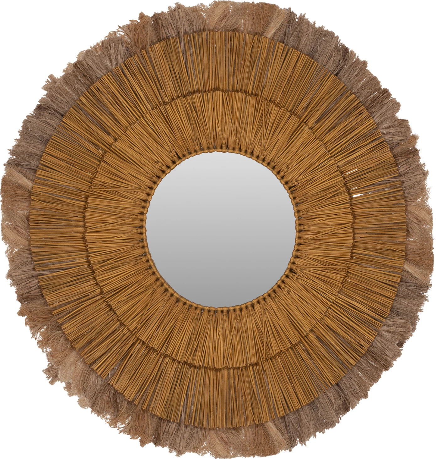Okroglo stensko ogledalo iz Mendong trave in abaka vlaken v naravni in zlati barvi 80x4x80Hcm