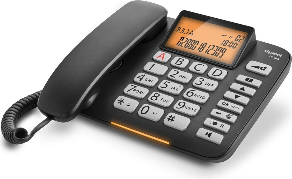 Analogni telefon z žičnimi slušalkami in zvočnikom Gigaset DL580, 99 imen, ID klica, črn