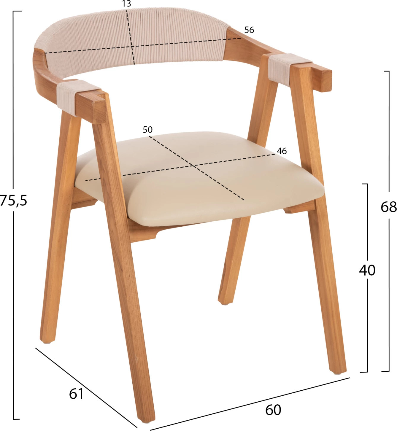 Jedilniški naslanjač RIMINI FH9867.07 iz tikovine v naravno-bež vrvi in PU sedežu 60x61x75,5H cm