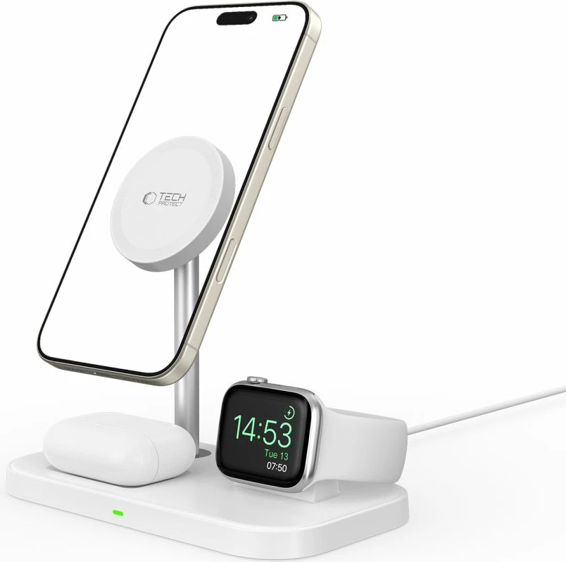 Indukcijski 3-v-1 polnilec z MagSafe za pametni telefon, Apple Watch in AirPods, Tech-Protect QI15W-A22, bel