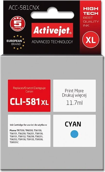 Zamenljivi toner Activejet ACC-581CNX za Canon, 11.7 ml, moder
