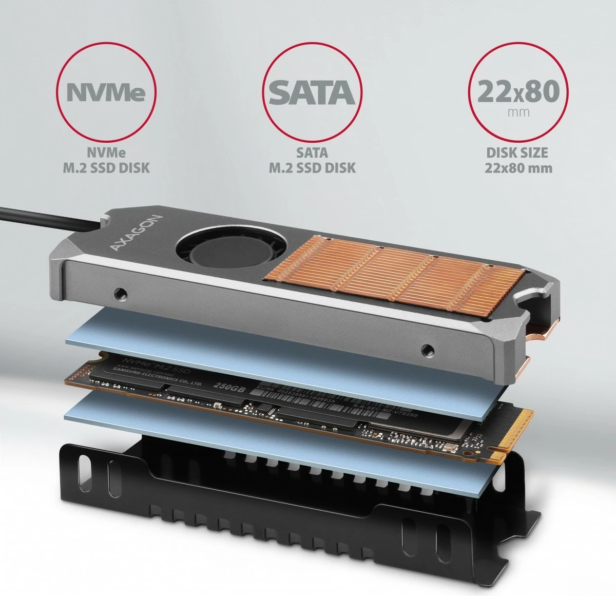 Aktivni hladilnik za SSD M.2 AXAGON CLR-M2FAN, baker, 76x24x12 mm