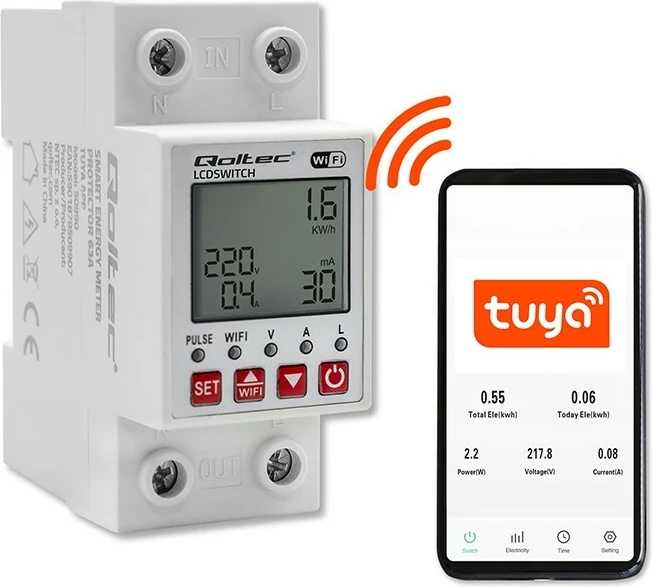 Pametni rele z merilcem energije, Wi-Fi, časovnik Qoltec 50990, bel