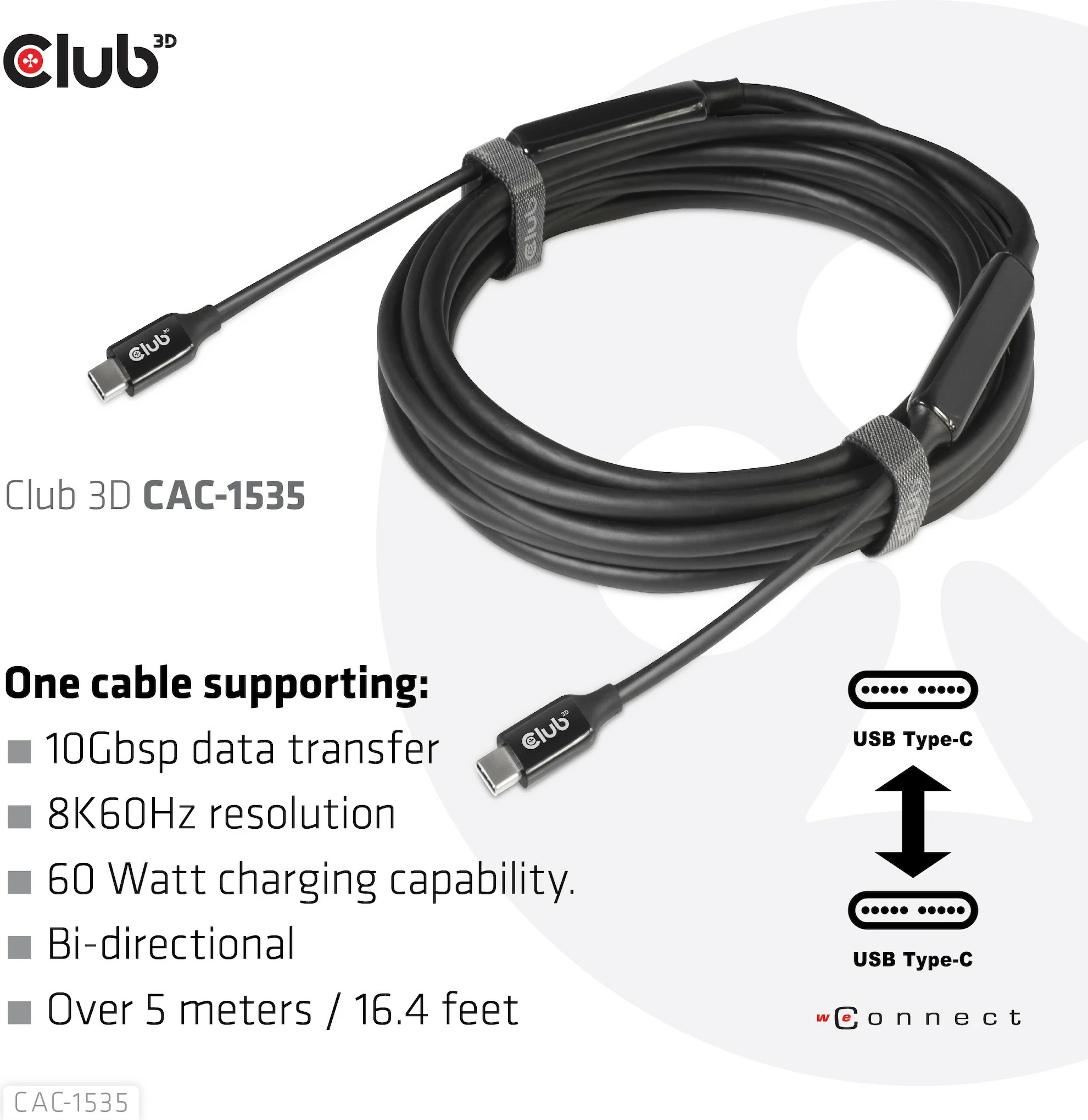 USB-C kabel 5 m, USB 3.2 Gen 2, 60 W, črn Club3D