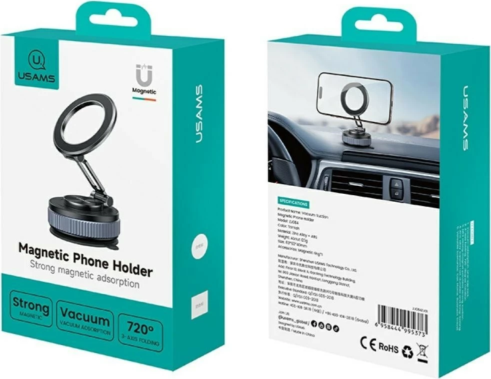 Magnetno avto držalo, montaža na rešetko prezračevalnika, 360° vrtenje, za pametne telefone 4–7" , USAMS ZJ084, z 2 kovinskima ploščicama, črno