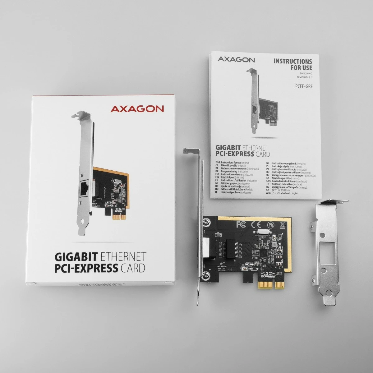 Omrežna kartica AXAGON PCEE-GRF, PCIe, 1x Gigabit Ethernet, Realtek RTL8111E/F, z običajnim in nizkoprofilnim nosilcem