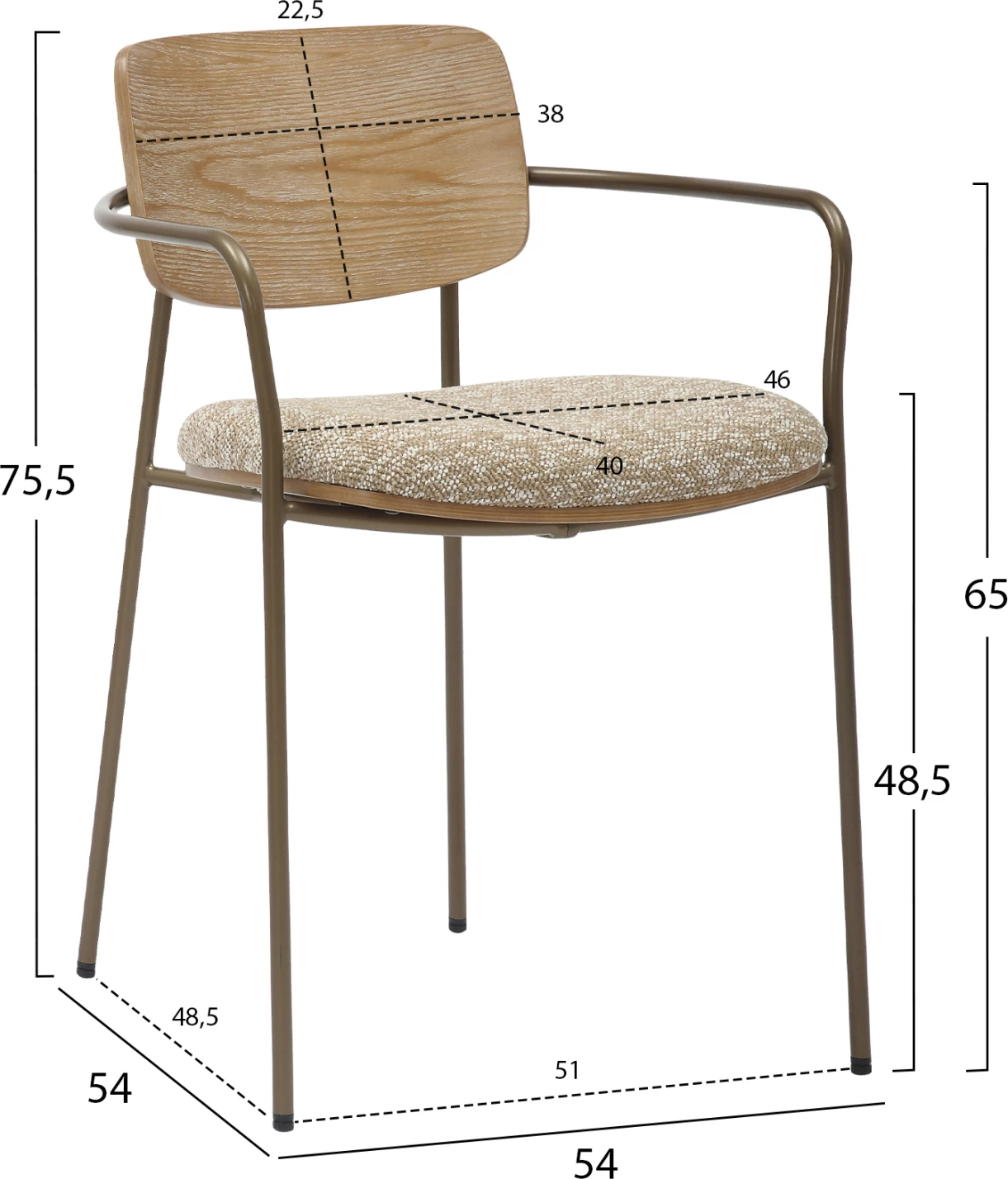 Jedilni stol VIKKI FH9980.01 kovinski v barvi starinskega bakra-bela prana vezana plošča-bež tkanina 54x54x75,5H cm, set 2 kosov