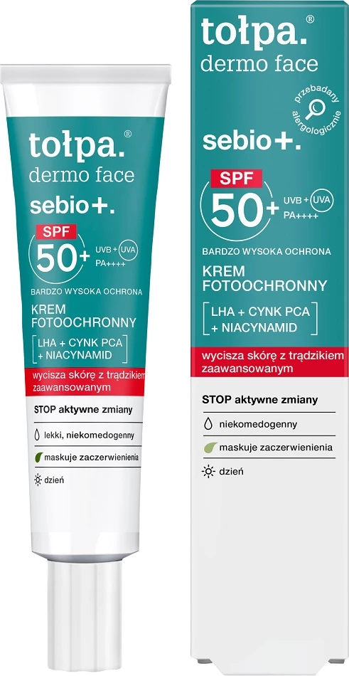 Krema za obraz z zaščito pred soncem SPF50+ za ženske, Tołpa Dermo Face Sebio+, 40 ml