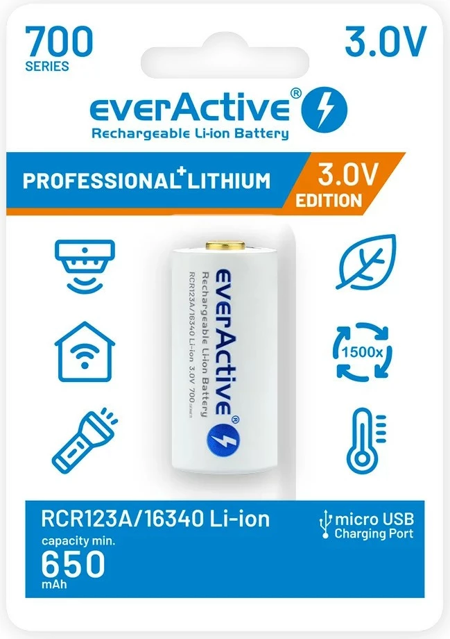 Polnilna baterija 16340 everActive, 700 mAh, 3 V, z Micro USB, 1 kos