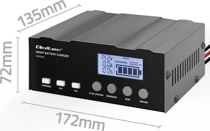 Pameten polnilec baterije Qoltec 52491, 12 V/12.6 V/24 V, funkcija obnove, LCD, črn