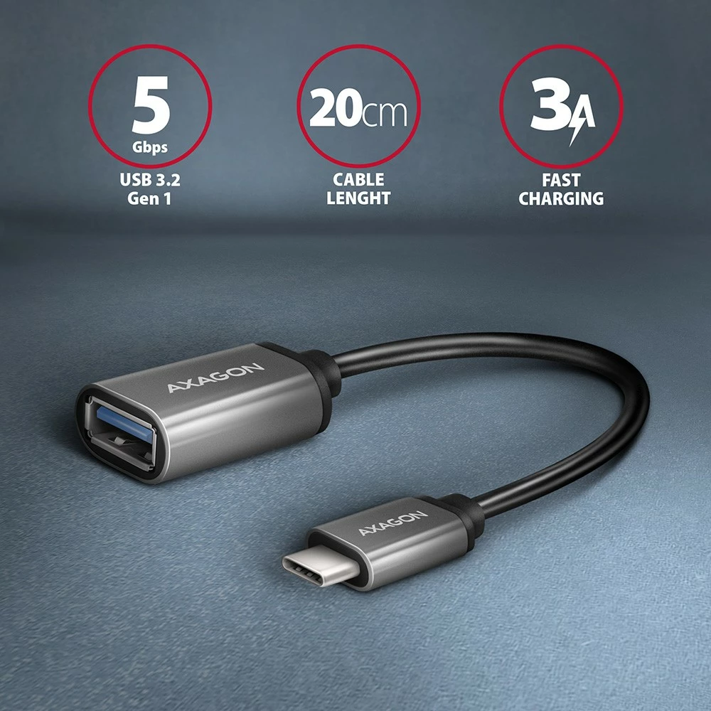 Adapter USB-C v USB-A, kabel 0,2 m, 3 A, siv, AXAGON RUCM-AFAC