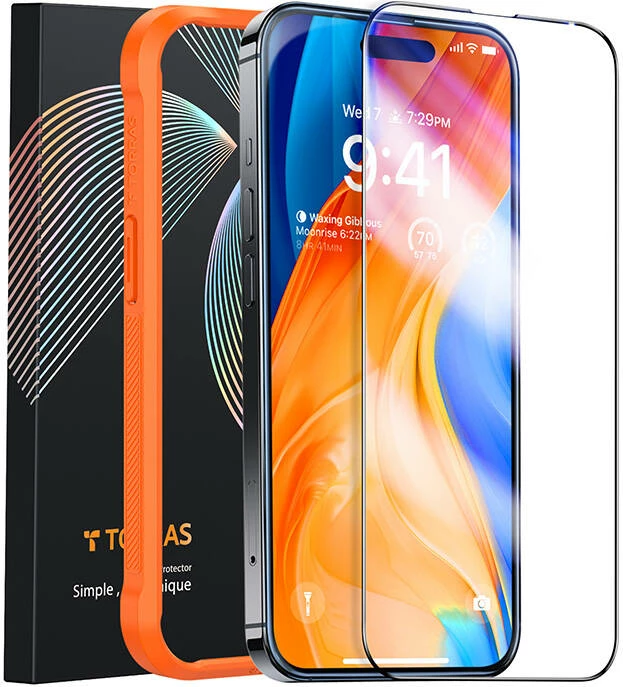 Kaljeno zaščitno steklo Torras InstaII Master za iPhone 15, z montažnim okvirjem