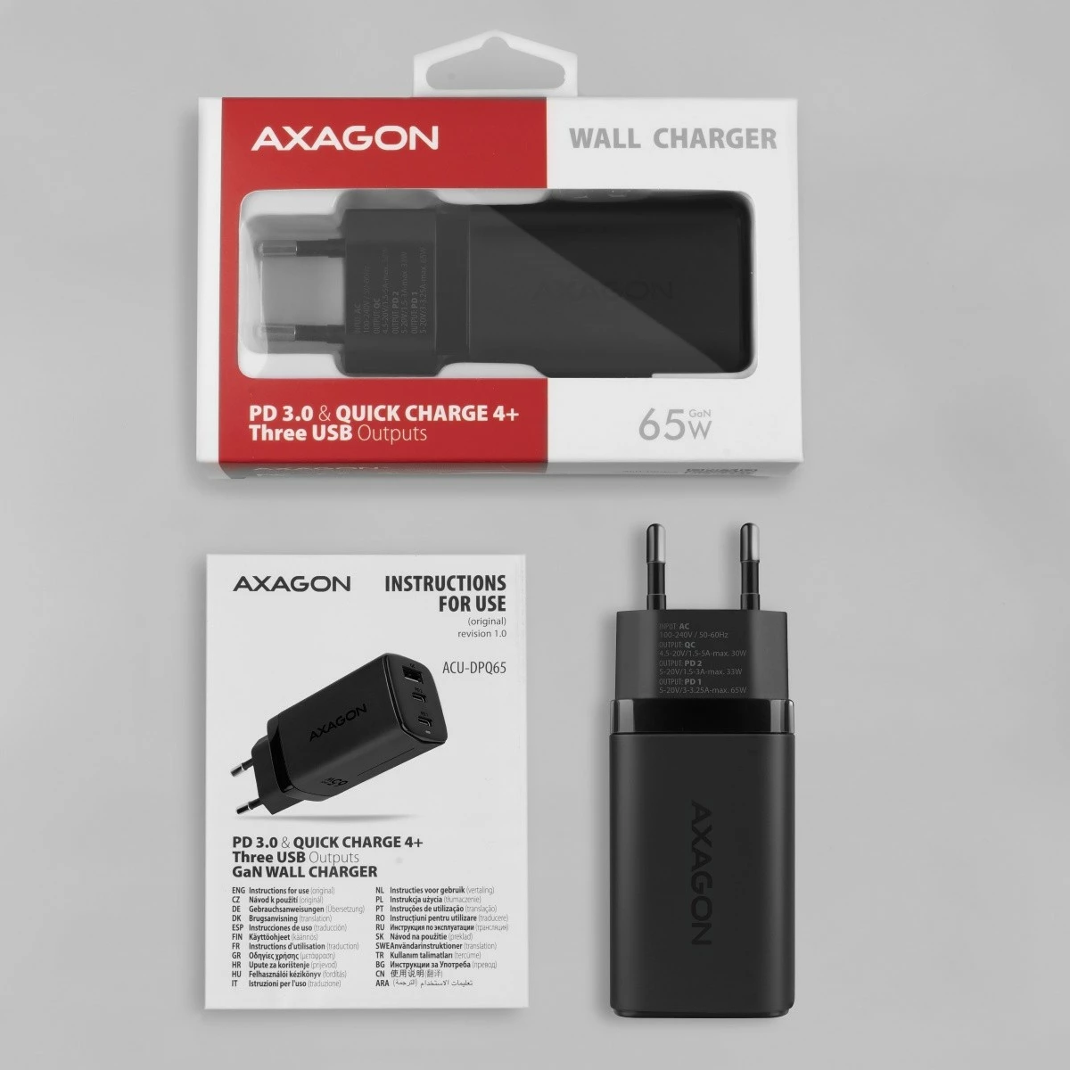 GaN polnilec AXAGON ACU-DPQ65, 65W, 3 vhodi (USB-A + 2× USB-C), črn