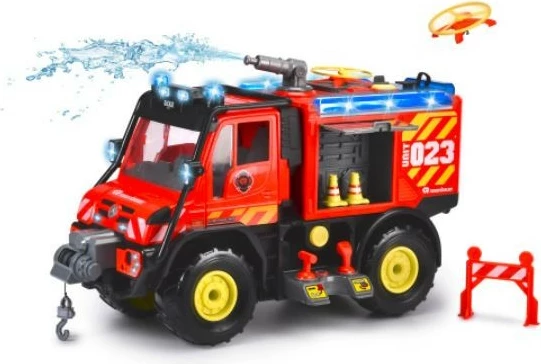 Gasilsko vozilo, 50 cm, z lučmi in zvoki, rdeče/črno — Mercedes‑Benz Unimog U530 Dickie Toys, komplet z 2 droni