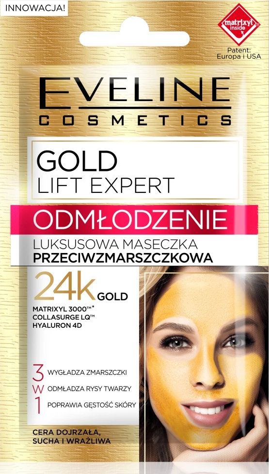 Luksuzna maska za obraz Eveline Cosmetics Gold Lift Expert Luxury Anti-Wrinkle 3-v-1, 7 ml