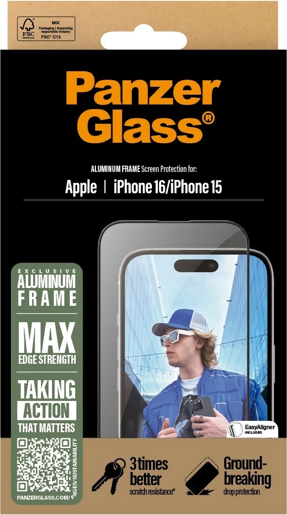 Zaščitnik zaslona PanzerGlass za iPhone 16/15, aluminijast okvir, 6,1 inch